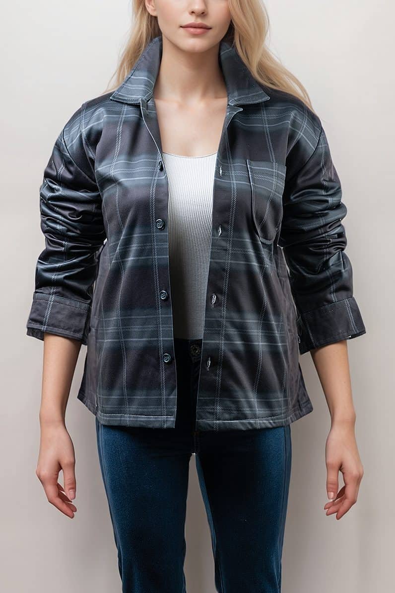 versailles-black-plaid-jacket-casual-button-down-relaxed-fit-jacket-artisan-02.jpg Versailles Blue Flannel Plaid Coat For Women’s - Image 1