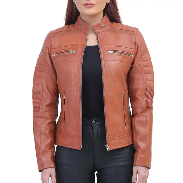 womenbrownjacket_1_c9ec622c-4b13-49bf-ad71-e6f058069e6c.webp Womens Umber Cafe Racer Coat - Image 1