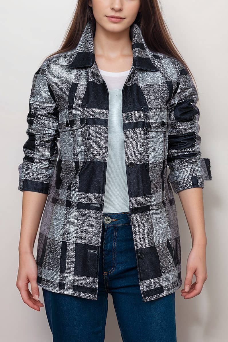 womens-black-and-white-plaid-shirt-jacket-trendy-lightweight-and-versatile-jacket-artisan-03.jpg Women’s Black and White Plaid Shirt Jacket - Image 1