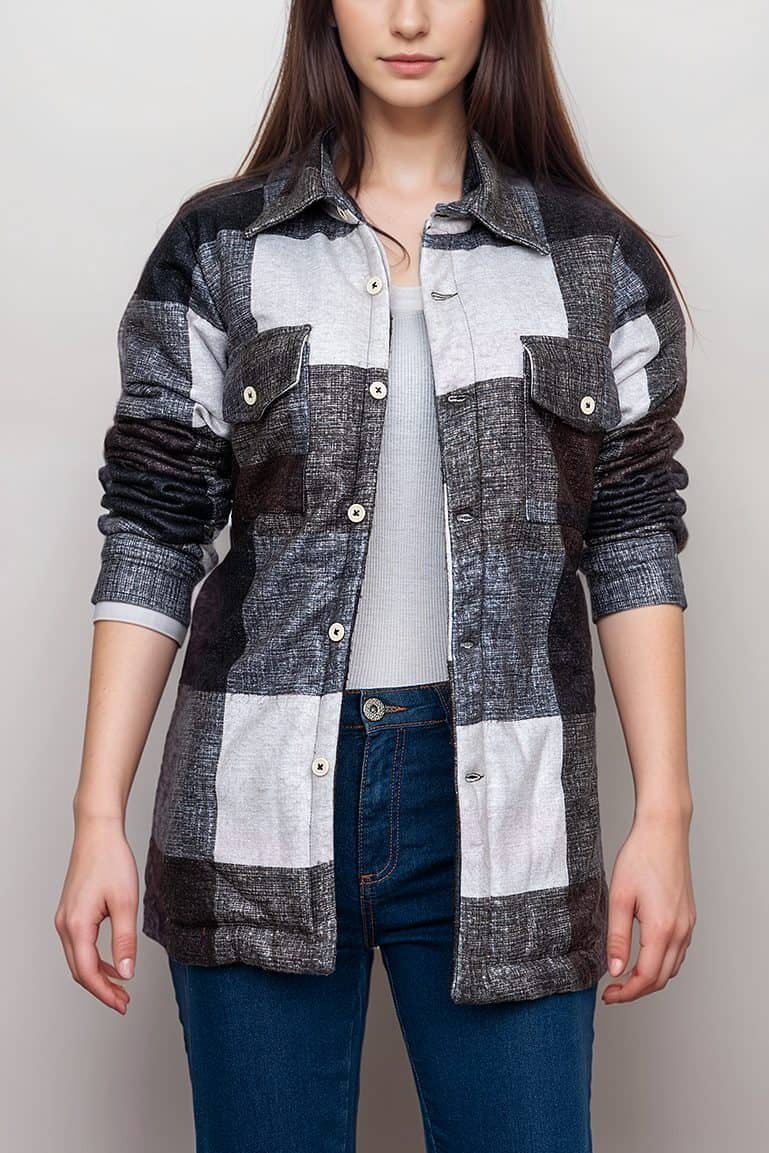 womens-brown-and-white-plaid-shirt-jacket-cozy-and-stylish-layer-jacket-artisan-04.jpg Women’s Umber and White Plaid Shirt Coat - Image 1